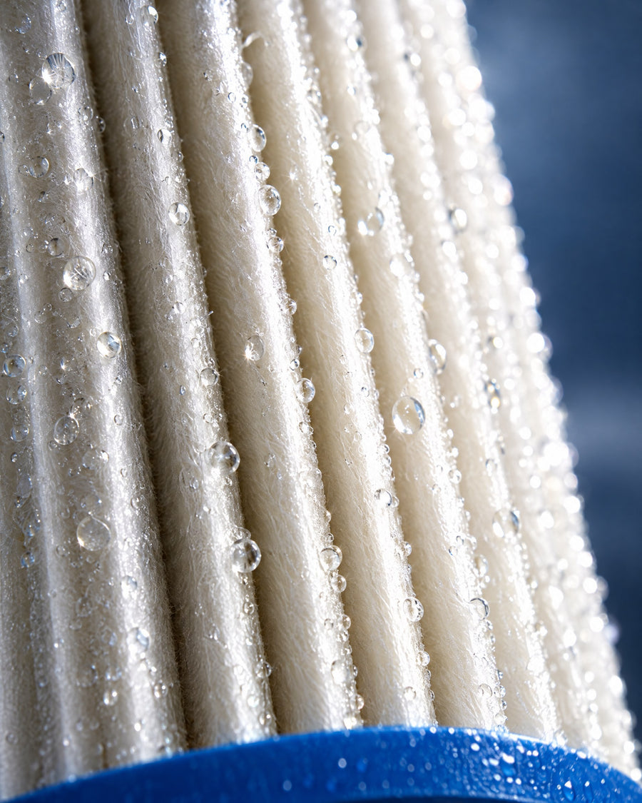 Close-up of wet pleated filter media above a blue end cap