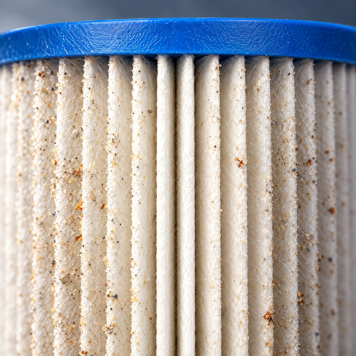 Close-up of sand, silt and rust grains caught on pleated filter media