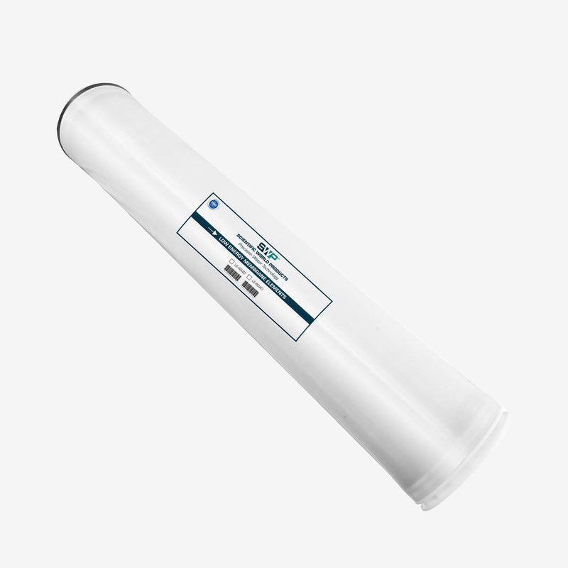 8 x 40 inch Freshwater Reverse Osmosis Membrane, white membrane element with label, angled view