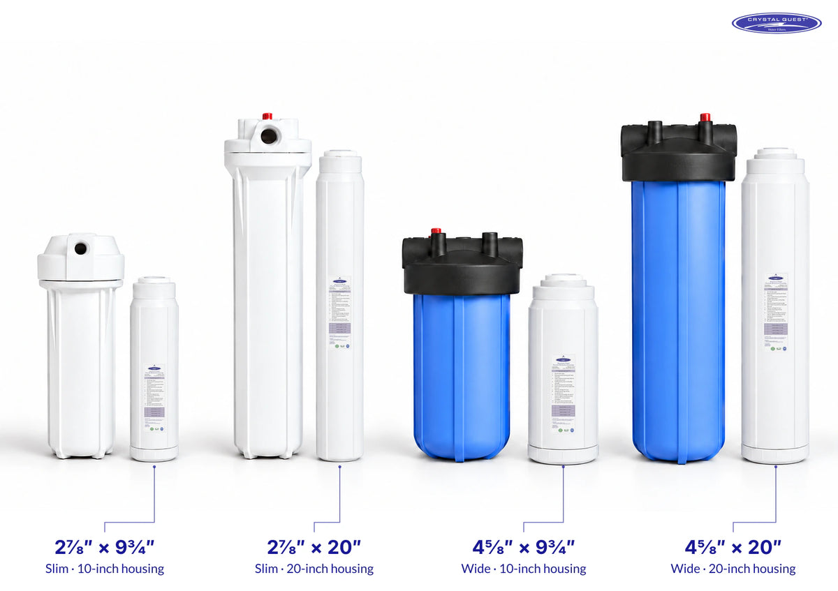 Four Aluminum Oxide Fluoride Reduction Filter cartridges beside matching slim and wide filter housings, with cartridge width × height labeled in inches and the Crystal Quest logo.