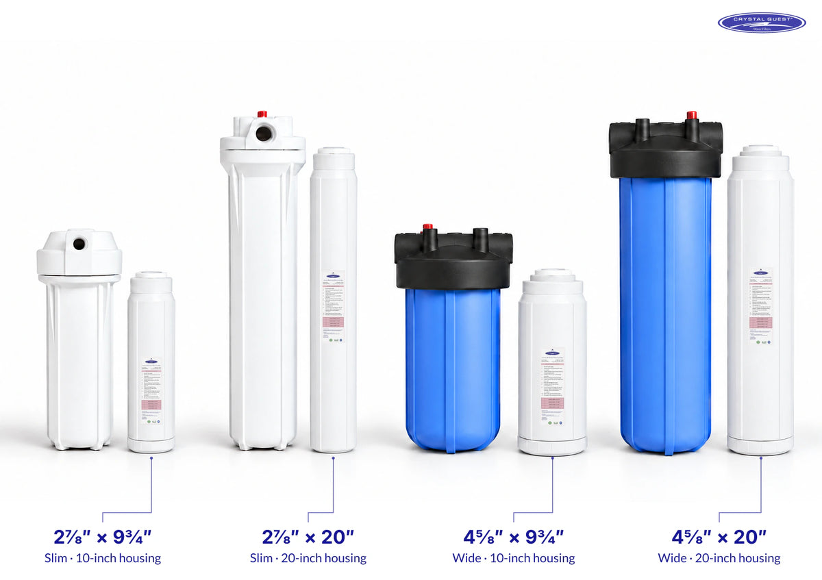 Four Arsenic Removal Filter cartridges beside matching slim and wide filter housings, with cartridge width × height labeled in inches and the Crystal Quest logo.