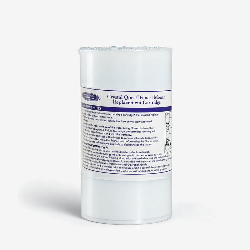 Crystal Quest faucet mount replacement cartridge with its label, studio photo