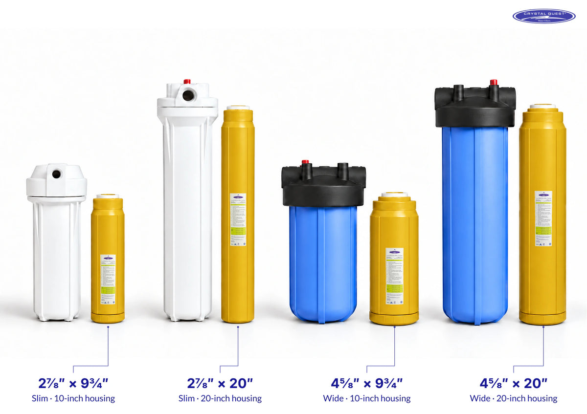 Four Lead Filter cartridges beside matching slim and wide filter housings, with cartridge width × height labeled in inches and the Crystal Quest logo.