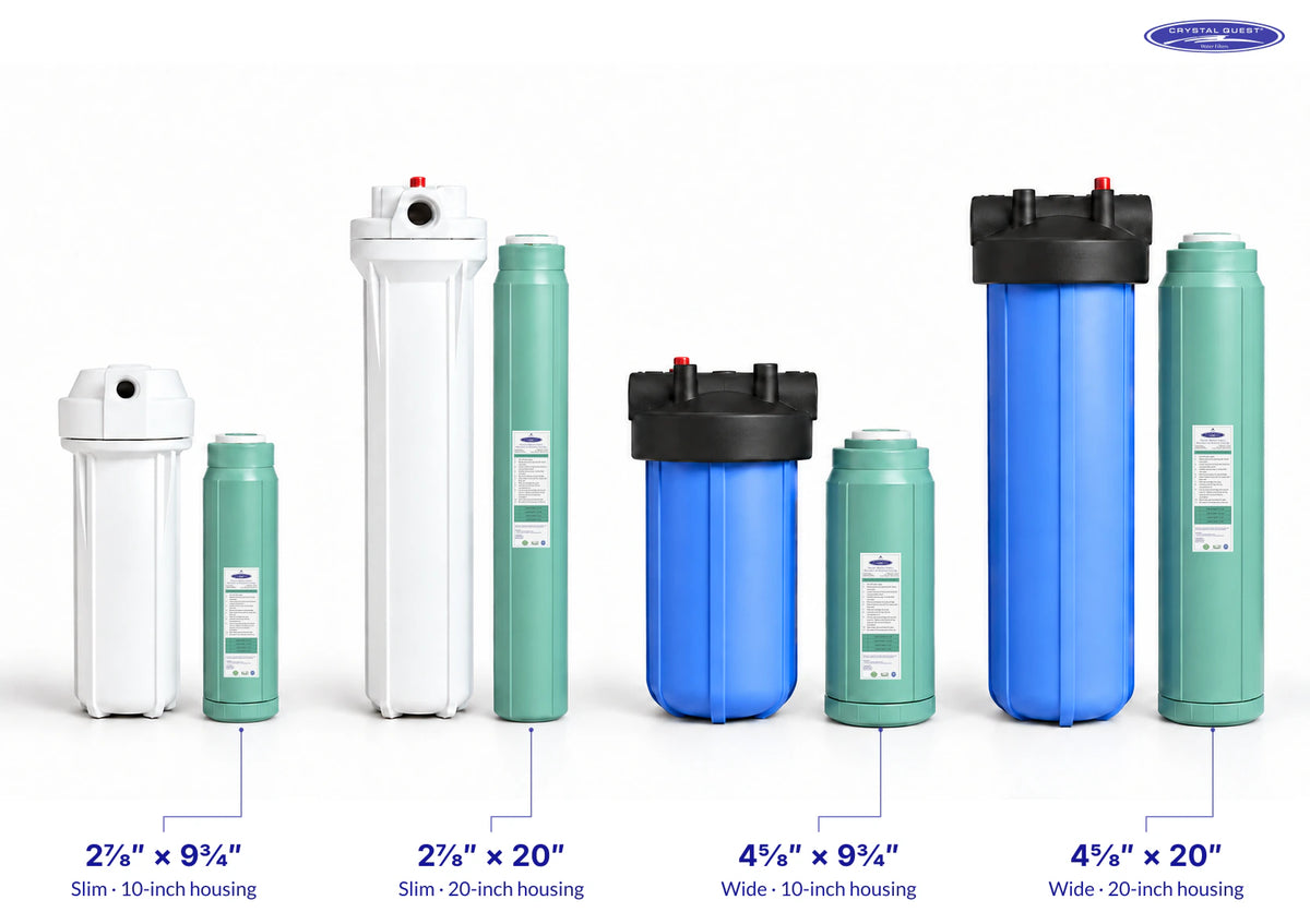 Four Alkalize/Ionizer, Mineralizer & Oxidation cartridges beside matching slim and wide filter housings, with cartridge width × height labeled in inches and the Crystal Quest logo.