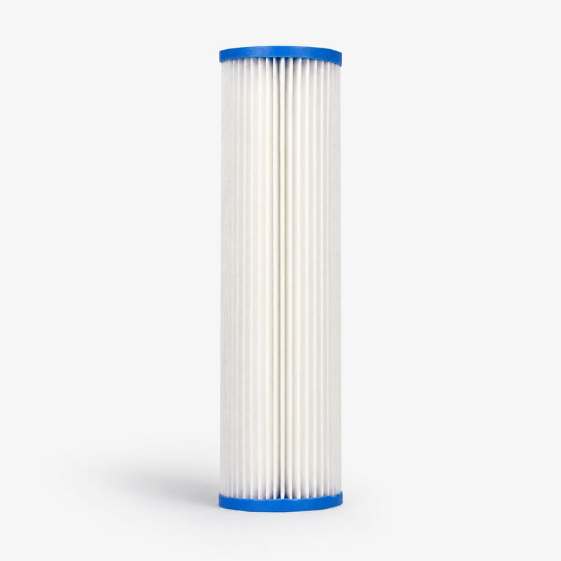 Pleated cellulose sediment cartridge, 2-7/8 x 9-3/4 inch, white pleats with blue end caps, studio photo