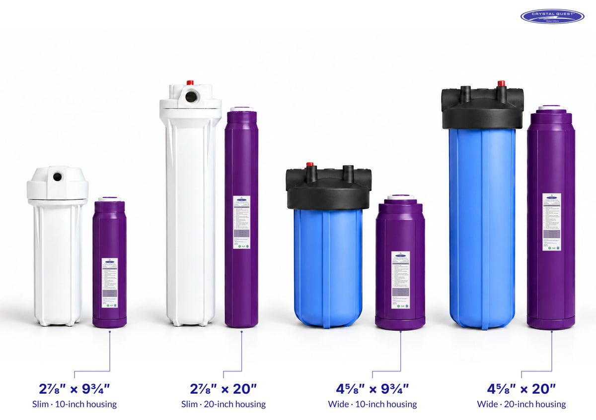 Four SMART + Aluminum Oxide Fluoride Reduction Filter cartridges beside matching slim and wide filter housings, with cartridge width × height labeled in inches and the Crystal Quest logo.