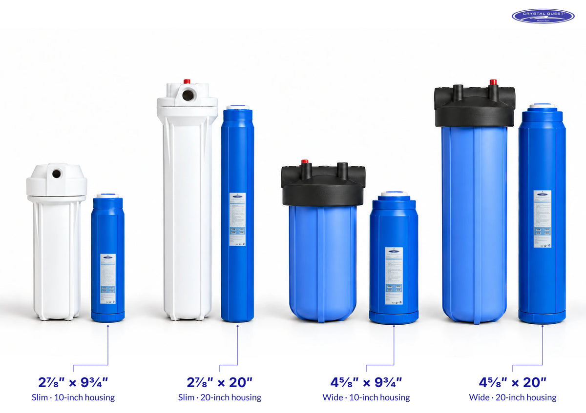 Four SMART Filter cartridges beside matching slim and wide filter housings, with cartridge width × height labeled in inches and the Crystal Quest logo.