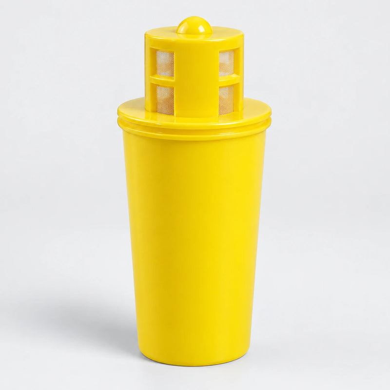 Yellow SMART/Fluoride removal water pitcher replacement cartridge with mesh inlet screens, studio photo