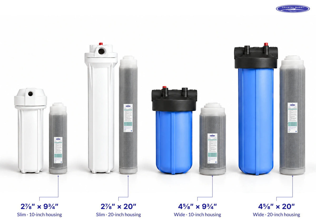 Four Ultra High Purity DI Resin cartridges beside matching slim and wide filter housings, with cartridge width × height labeled in inches and the Crystal Quest logo.