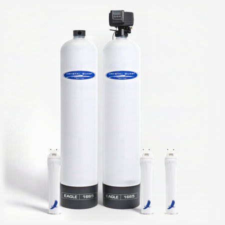 Eagle Whole House Water Filter, two white fiberglass tanks, one with a digital control head and one with a black cap, EAGLE 1665 bases and three white filter housings