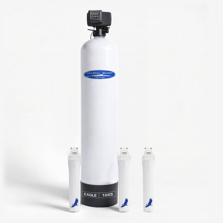 Eagle Whole House Water Filter, white fiberglass tank with a digital control head, an EAGLE 1665 base and three white filter housings