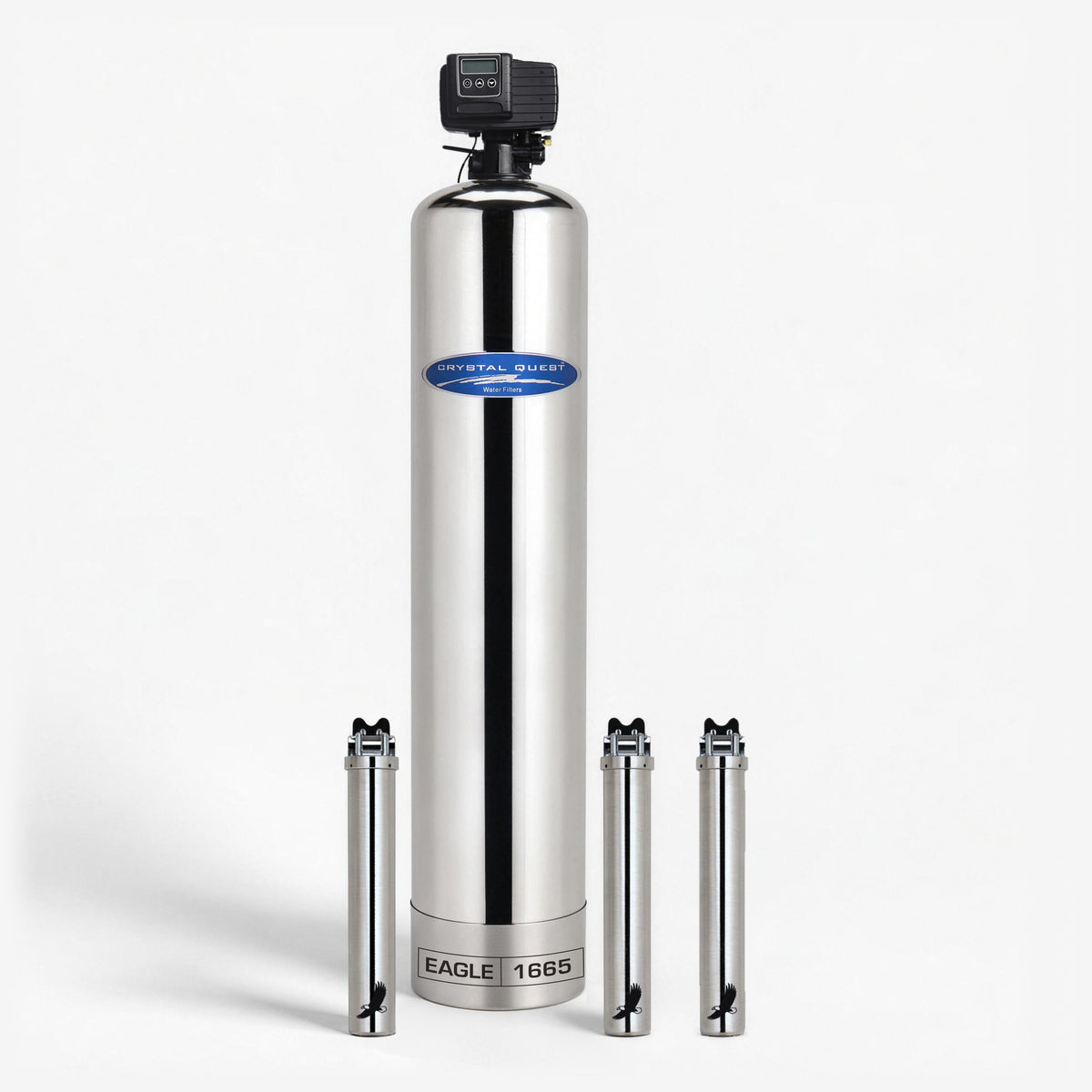 Eagle Whole House Water Filter, stainless steel tank with a digital control head, an EAGLE 1665 base and three stainless steel filter housings