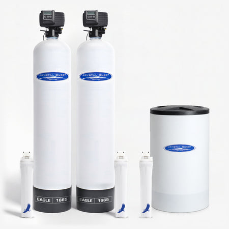 Eagle Whole House Water Filter, two white fiberglass tanks with digital control heads, EAGLE 1665 bases, a white brine tank and three white filter housings
