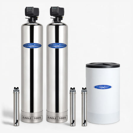 Eagle Whole House Water Filter, two stainless steel tanks with digital control heads, EAGLE 1665 bases, a white brine tank and three stainless steel filter housings