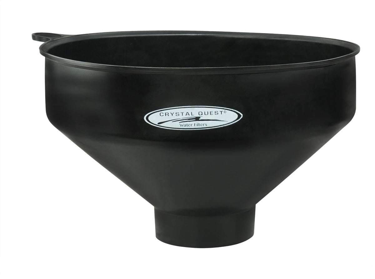 Easy Fill Media Funnel, wide black funnel with handle tab and Crystal Quest logo, side view