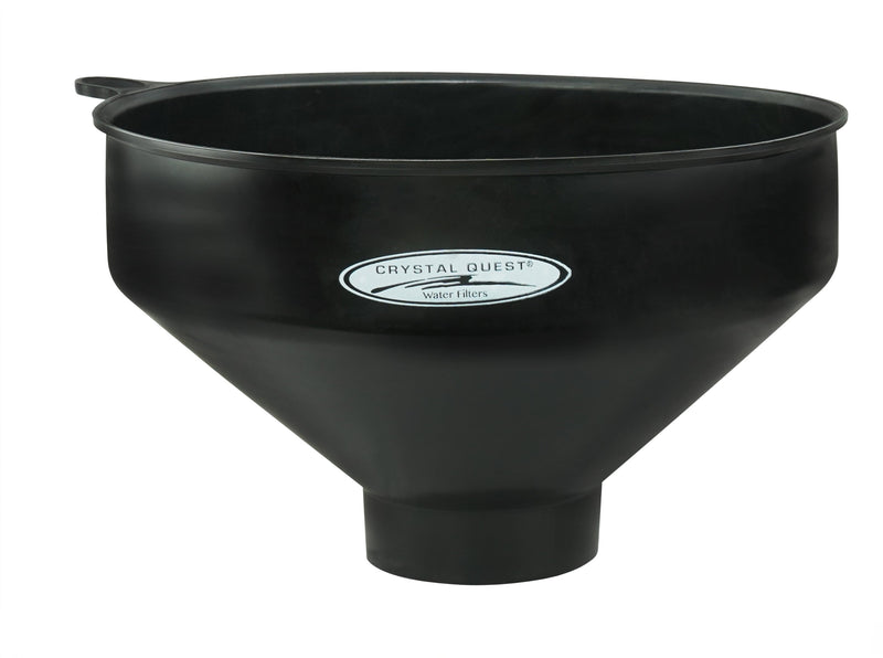 Easy Fill Media Funnel, wide black funnel with handle tab and Crystal Quest logo, side view