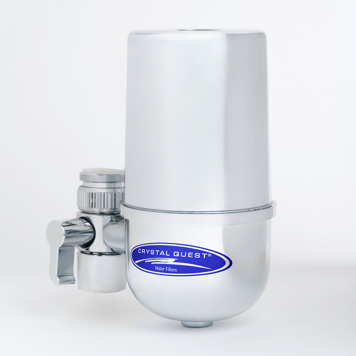 Faucet Mount Water Filter System, chrome housing with diverter valve, side view