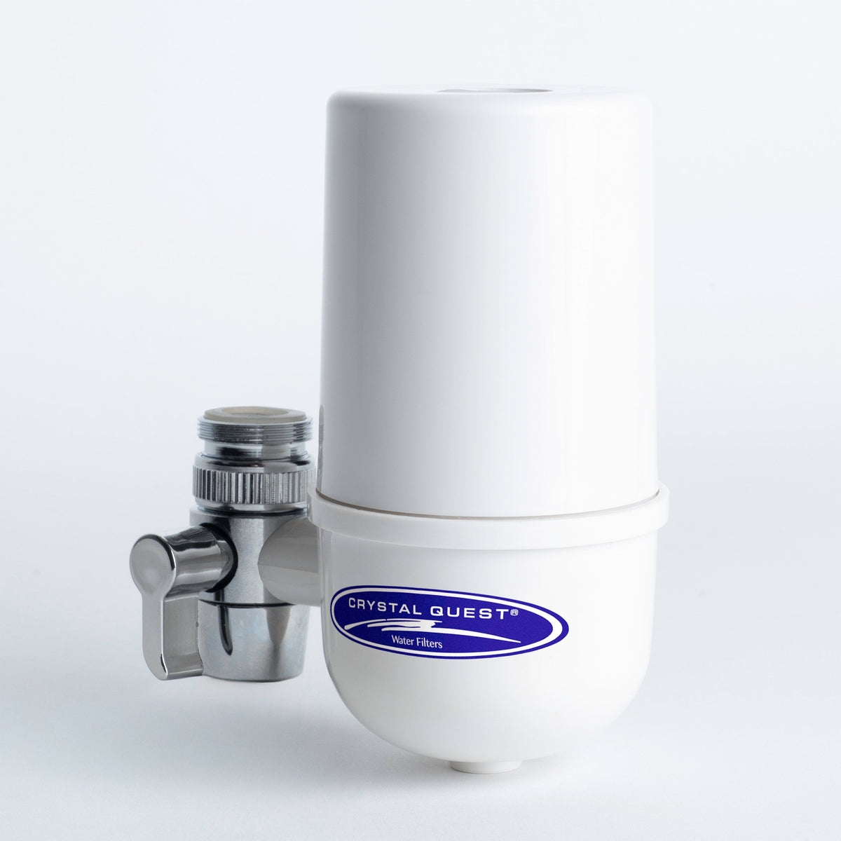 Faucet Mount Water Filter System, white finish with chrome diverter valve, side view