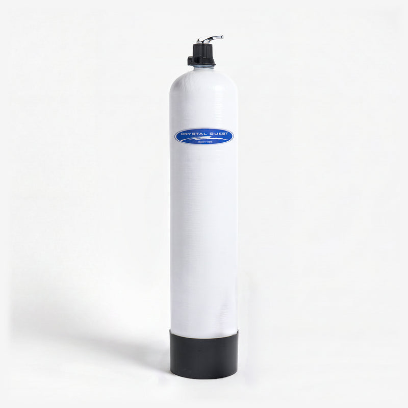 Whole House Inline Water Filter, white fiberglass tank with black base and manual lever-handle valve head