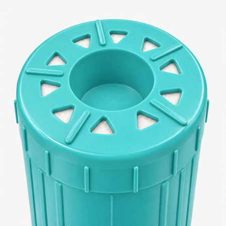 GAC Filter Cartridge (Coconut Shell Granular Activated Carbon), 2-7/8 inch size: close-up of the bottom end, triangular openings with white pads around the center well