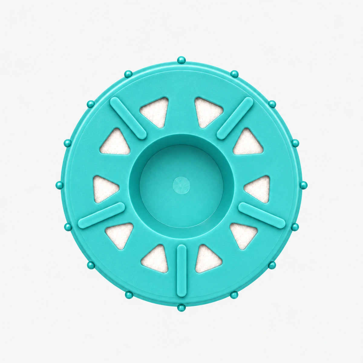 GAC Filter Cartridge (Coconut Shell Granular Activated Carbon), 2-7/8 inch size: bottom end seen straight on, ten triangular openings with white pads around the center