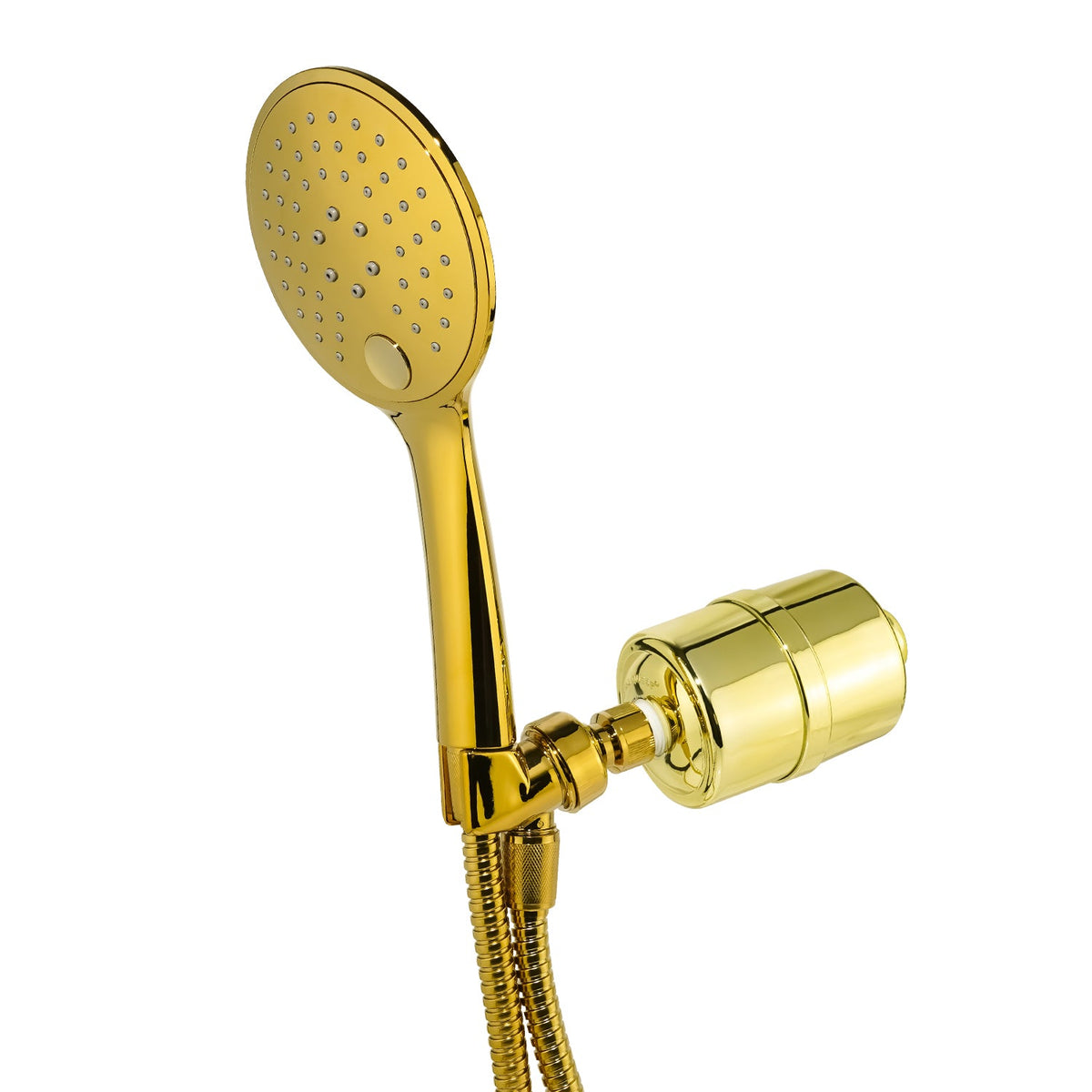 Handheld Shower Filter in gold with handheld sprayer, holder bracket and gold hose