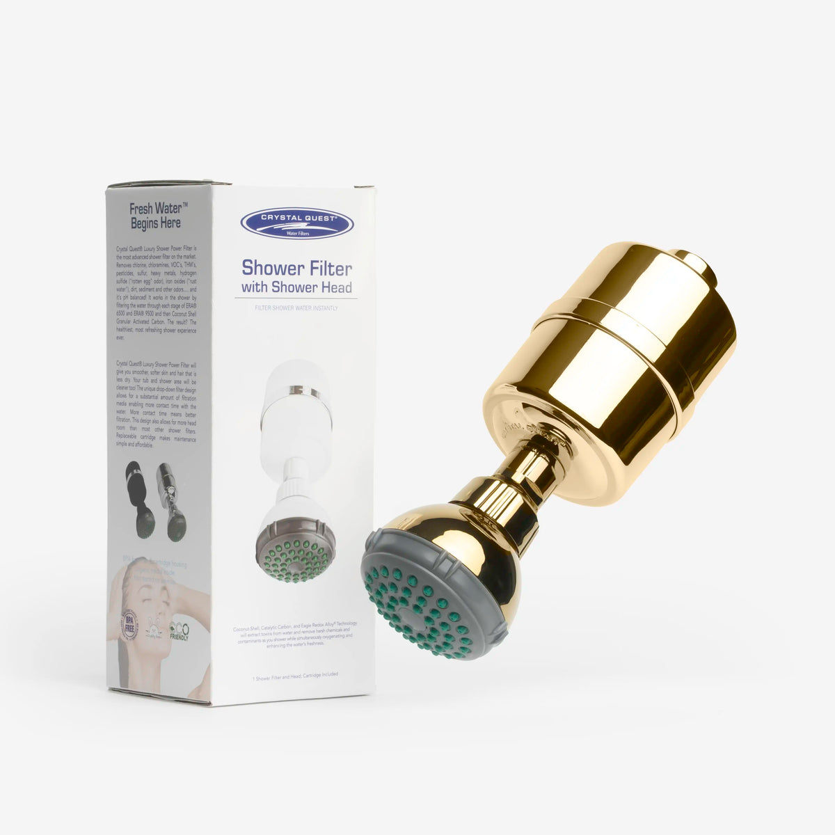 Shower Filter in gold with shower head, shown beside its Crystal Quest retail box