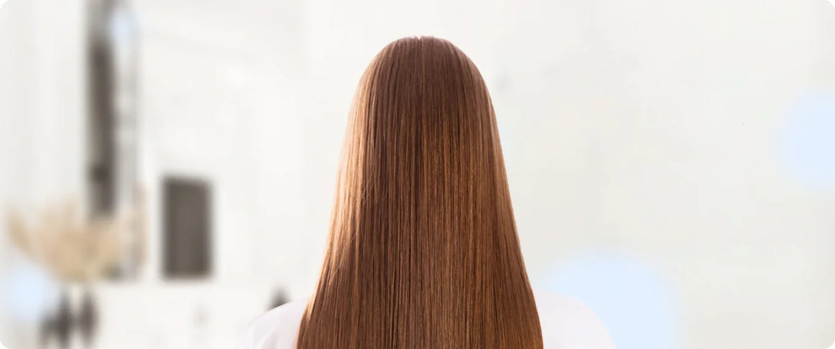 Back view of long brown hair that looks smooth and shiny
