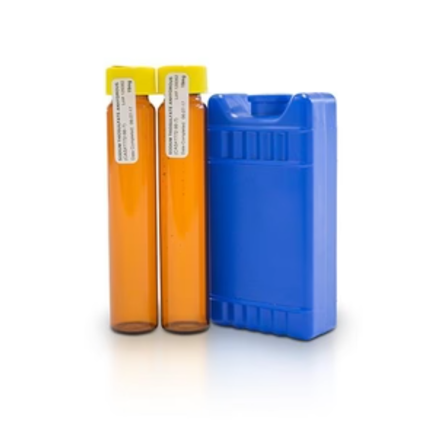 Informational Glyphosate Water Test, two amber glass sample vials with yellow caps and a blue ice pack