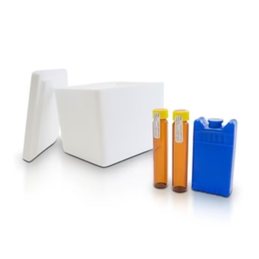 Informational Glyphosate Water Test kit, foam cooler with lid, two amber sample vials and blue ice pack
