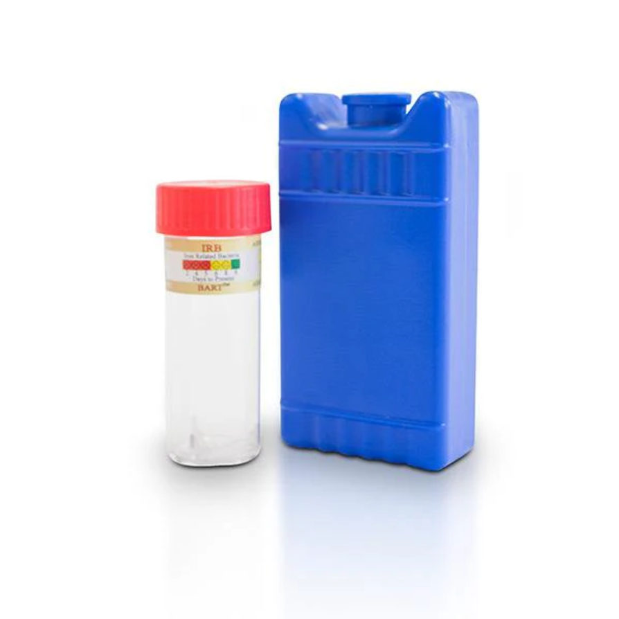 Iron Bacteria Test, red cap test vial with color scale label beside blue ice pack, close-up