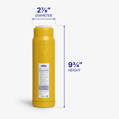 Iron Filter Cartridge, slim yellow cartridge with 2-7/8 inch diameter and 9-3/4 inch height callouts