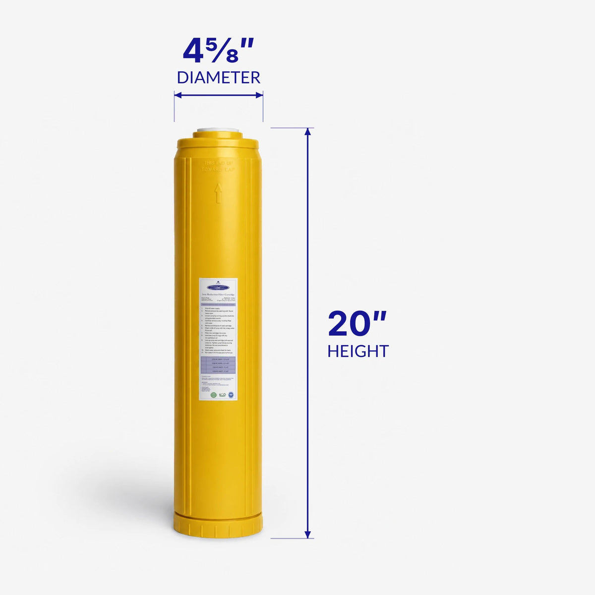Iron Filter Cartridge, tall wide yellow cartridge with 4-5/8 inch diameter and 20 inch height callouts