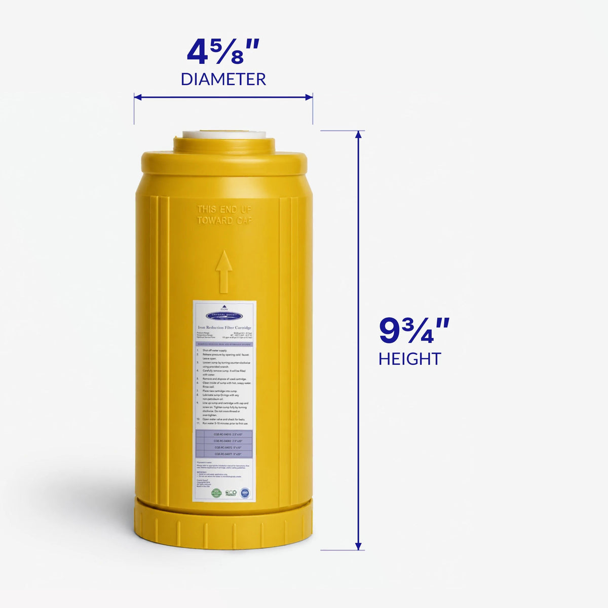 Iron Filter Cartridge, wide yellow cartridge with 4-5/8 inch diameter and 9-3/4 inch height callouts