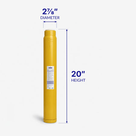 Iron Filter Cartridge, tall slim yellow cartridge with 2-7/8 inch diameter and 20 inch height callouts