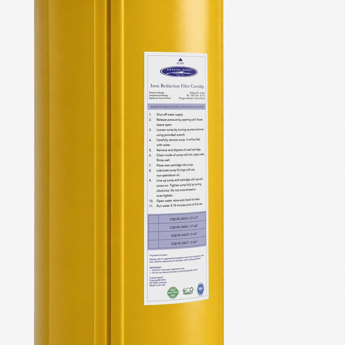 Iron Filter Cartridge, close-up of the white instruction label with lavender bands on the yellow body