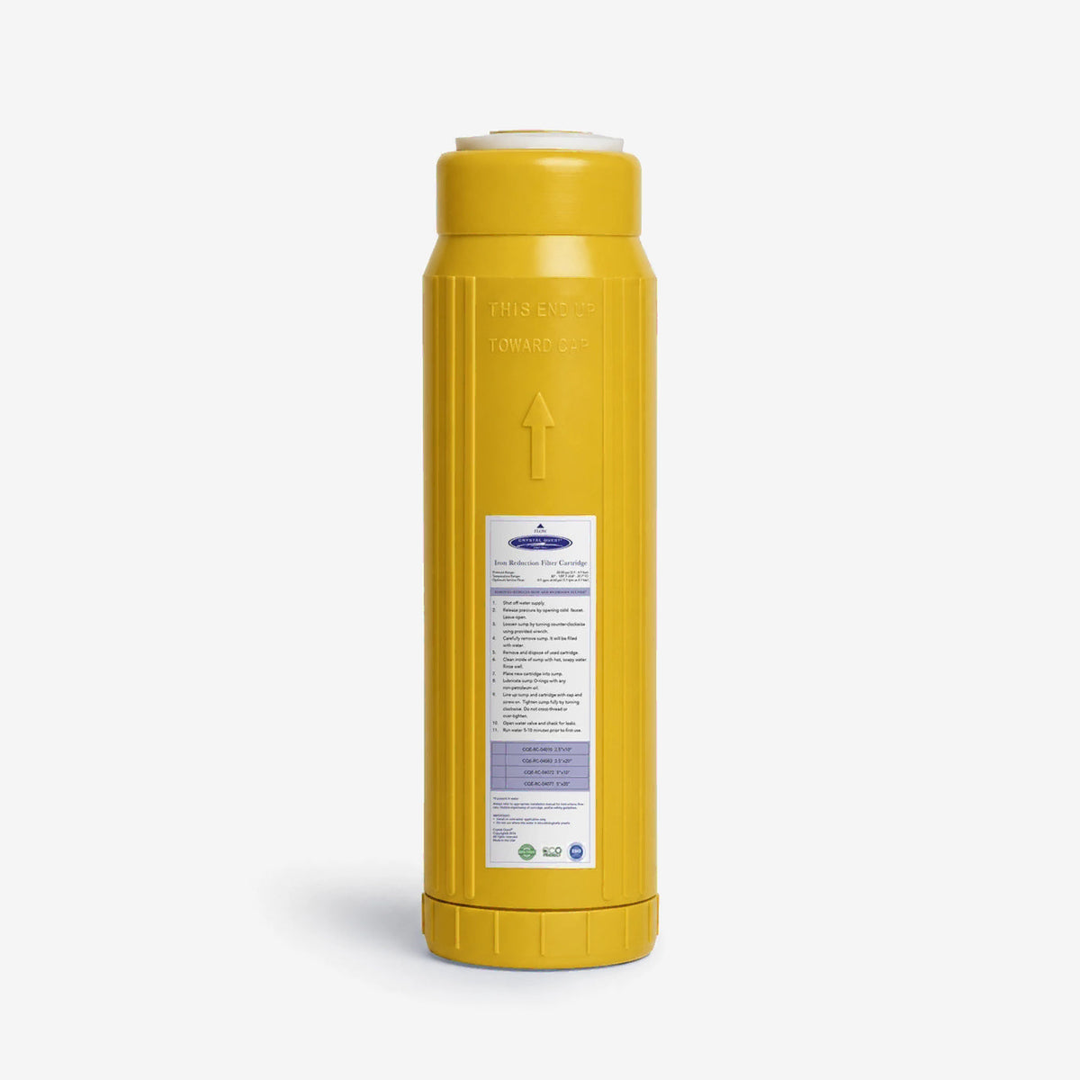 Iron Filter Cartridge, single slim yellow cartridge with lavender-banded white label, front view