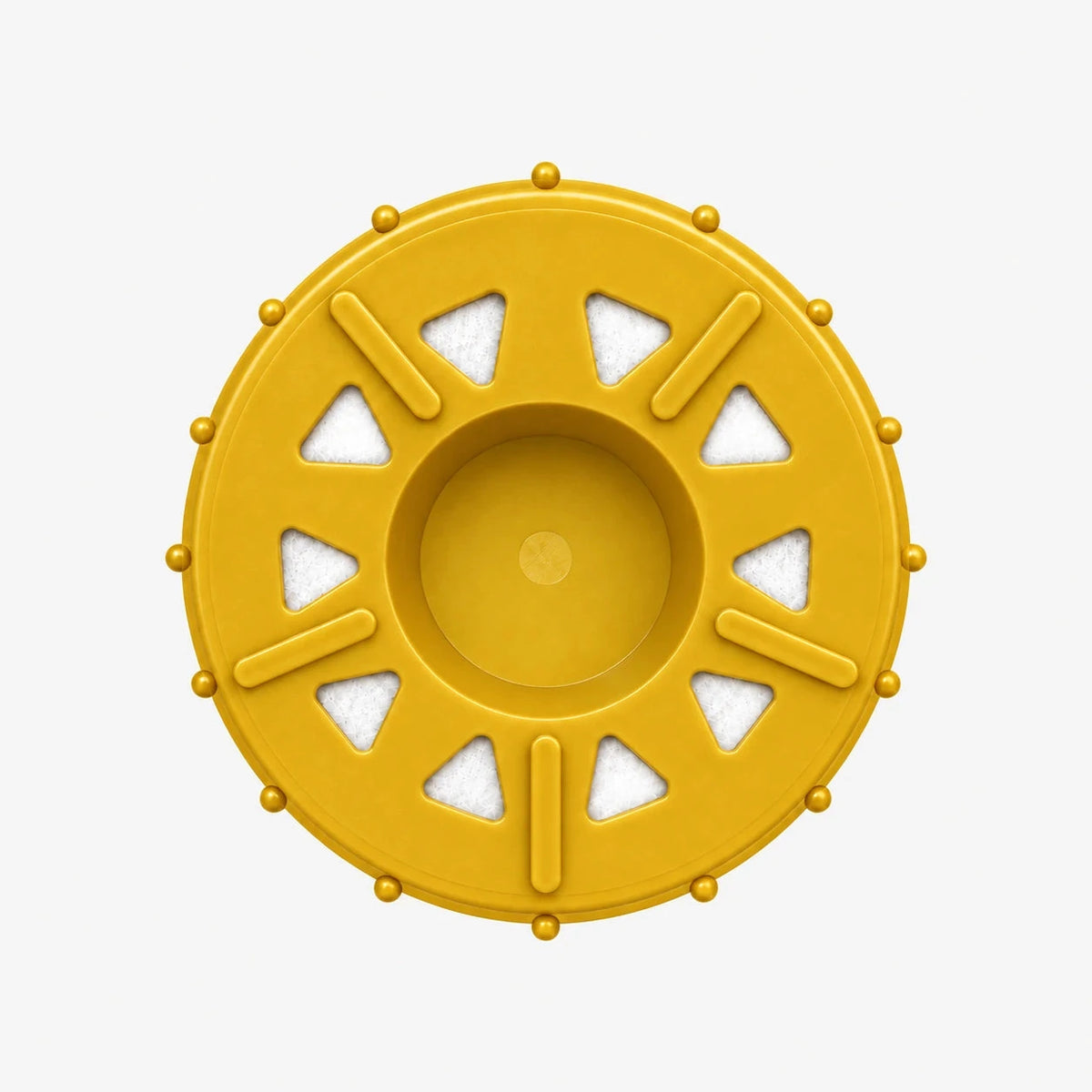 Iron Filter Cartridge, bottom view of the yellow end cap with triangular openings around a center recess