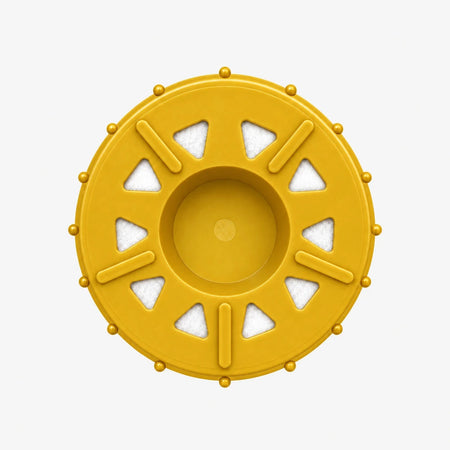 Iron Filter Cartridge, bottom view of the yellow end cap with triangular openings around a center recess