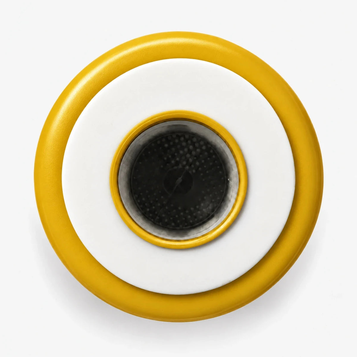 Iron Filter Cartridge, top view of the yellow end cap, white gasket and dark mesh inside the center opening