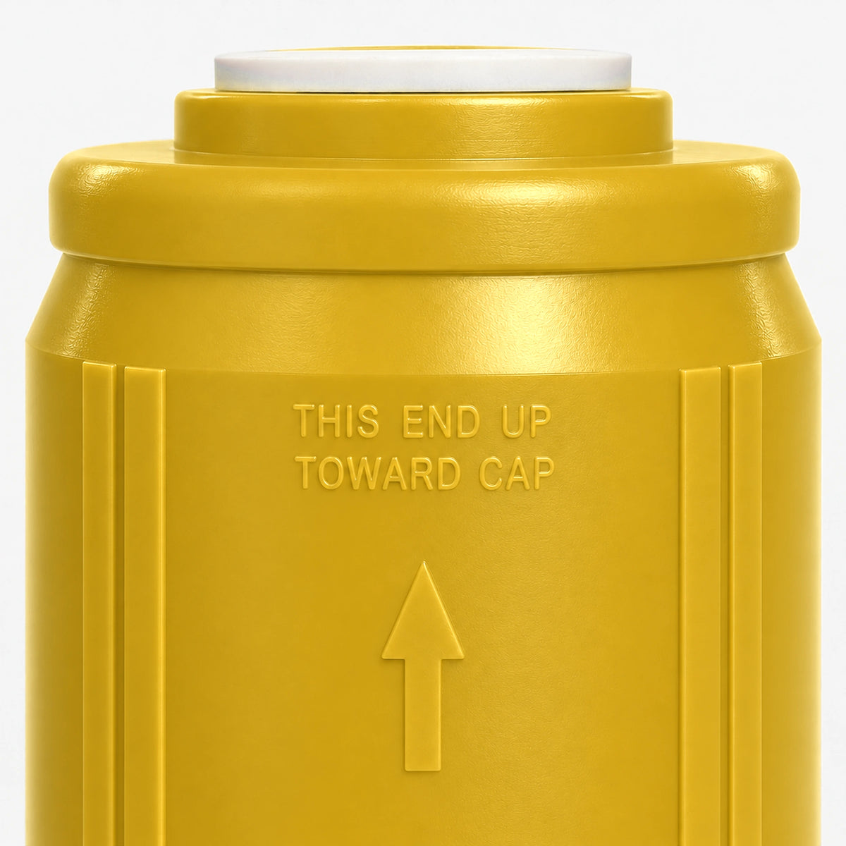 Iron Filter Cartridge, close-up of embossed THIS END UP TOWARD CAP text and arrow on the wide yellow body