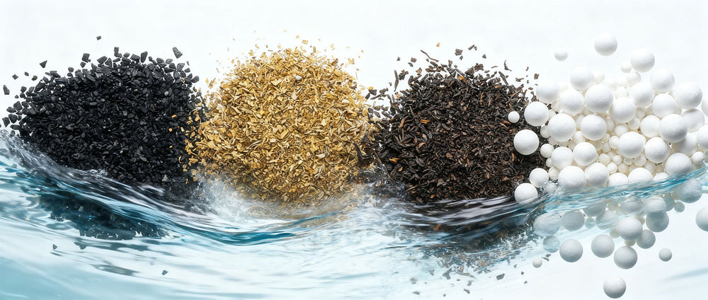 Three piles of granular filter media and a pile of white ceramic beads in a splash of water