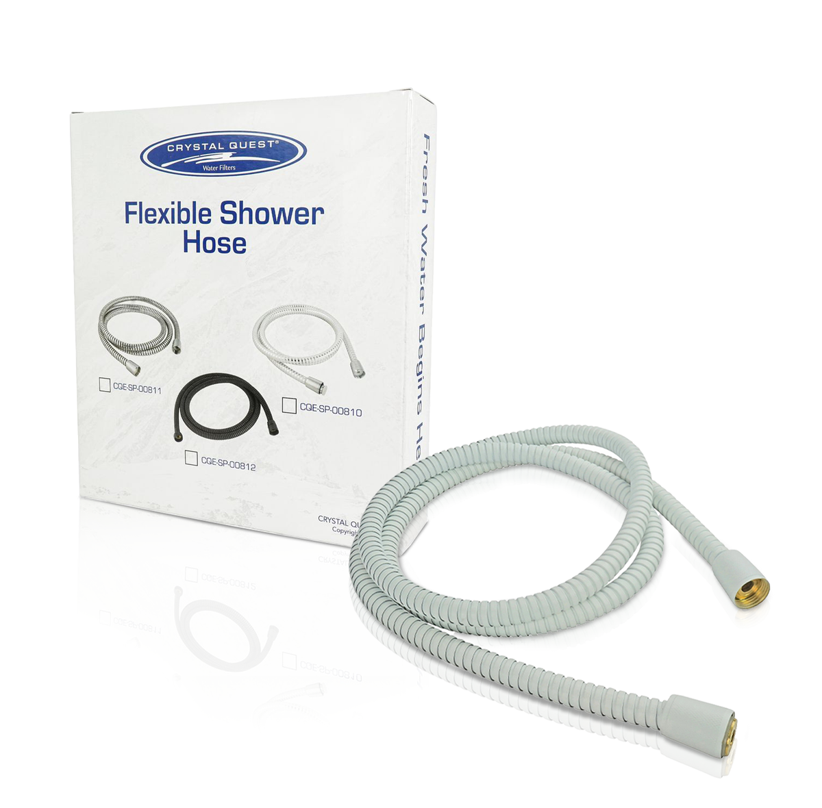 Metal Shower Hose, light gray matte finish with brass fittings, shown with Crystal Quest Flexible Shower Hose box