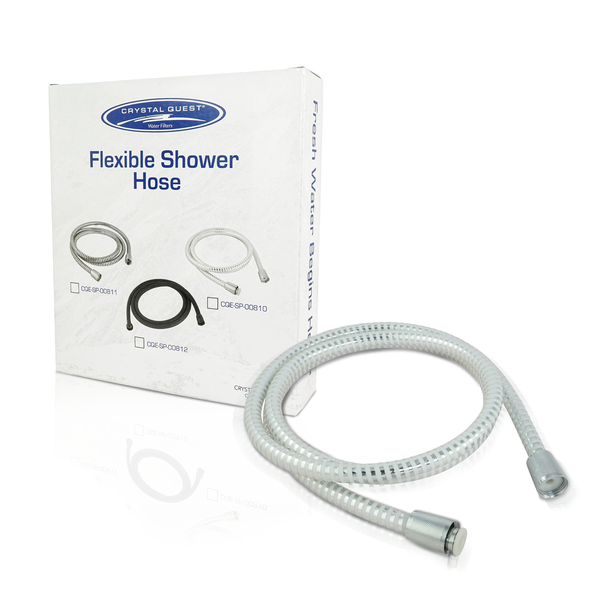 Metal Shower Hose, white finish with silver fittings, shown with Crystal Quest Flexible Shower Hose box