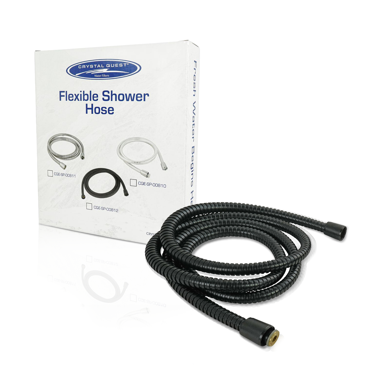 Metal Shower Hose, black finish with black fittings, shown with Crystal Quest Flexible Shower Hose box