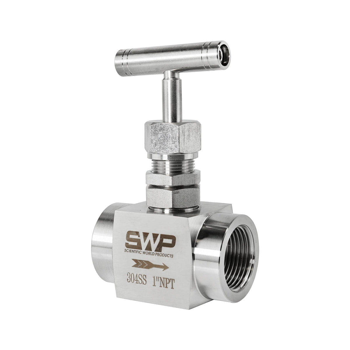 Needle Valve, 1 inch NPT stainless steel T-handle valve, angled view showing threaded port