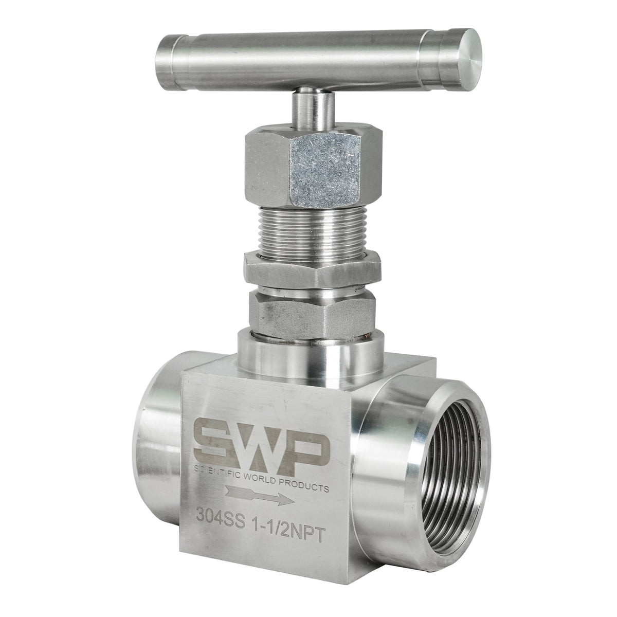 Needle Valve, 1-1/2 inch NPT stainless steel T-handle valve, angled view