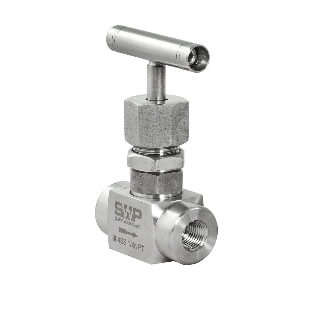 Needle Valve, 1/4 inch NPT stainless steel T-handle valve, angled view showing threaded port