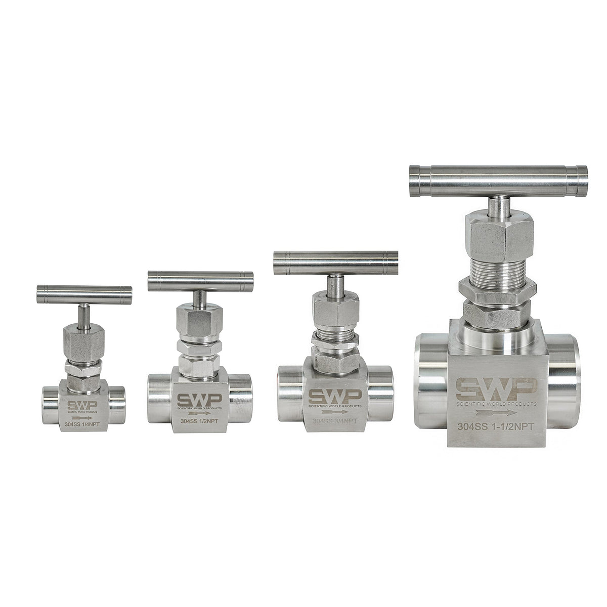 Needle Valves, four stainless steel T-handle needle valves in assorted sizes side by side