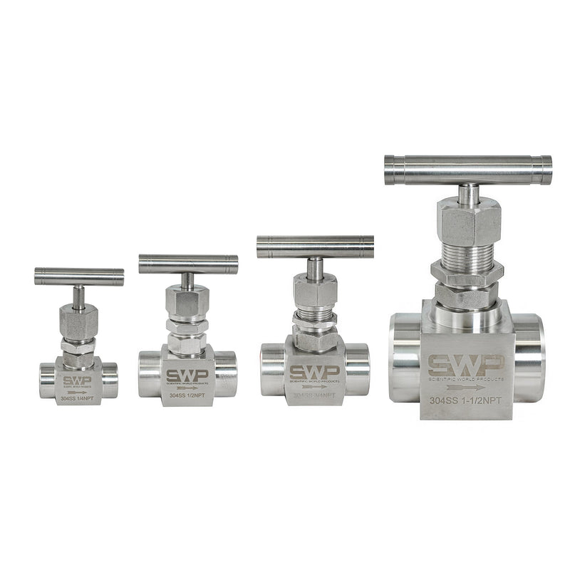Needle Valves, four stainless steel T-handle needle valves in assorted sizes side by side